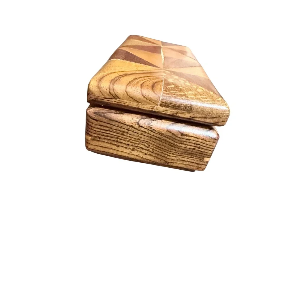 Boho Marquetry Wood Inlay Trinket Box Brown Geometric Parquetry Lined